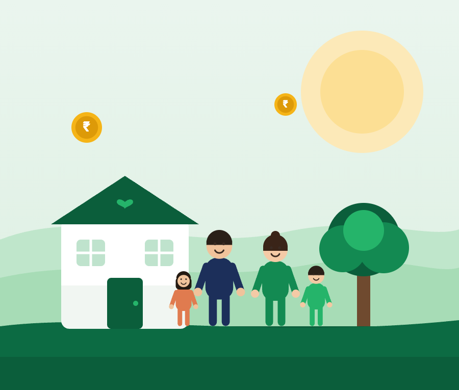 Happy family in front of their home